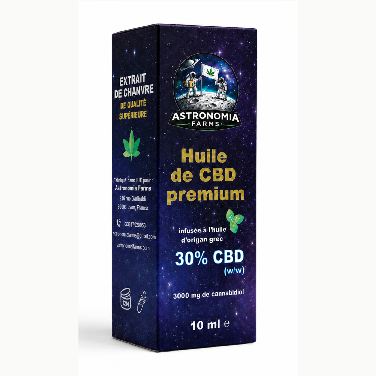 Huile de cannabis Astronomia Farms Full Spectrum - 30 % de CBD avec pipérine, série Ydor, 10 ml