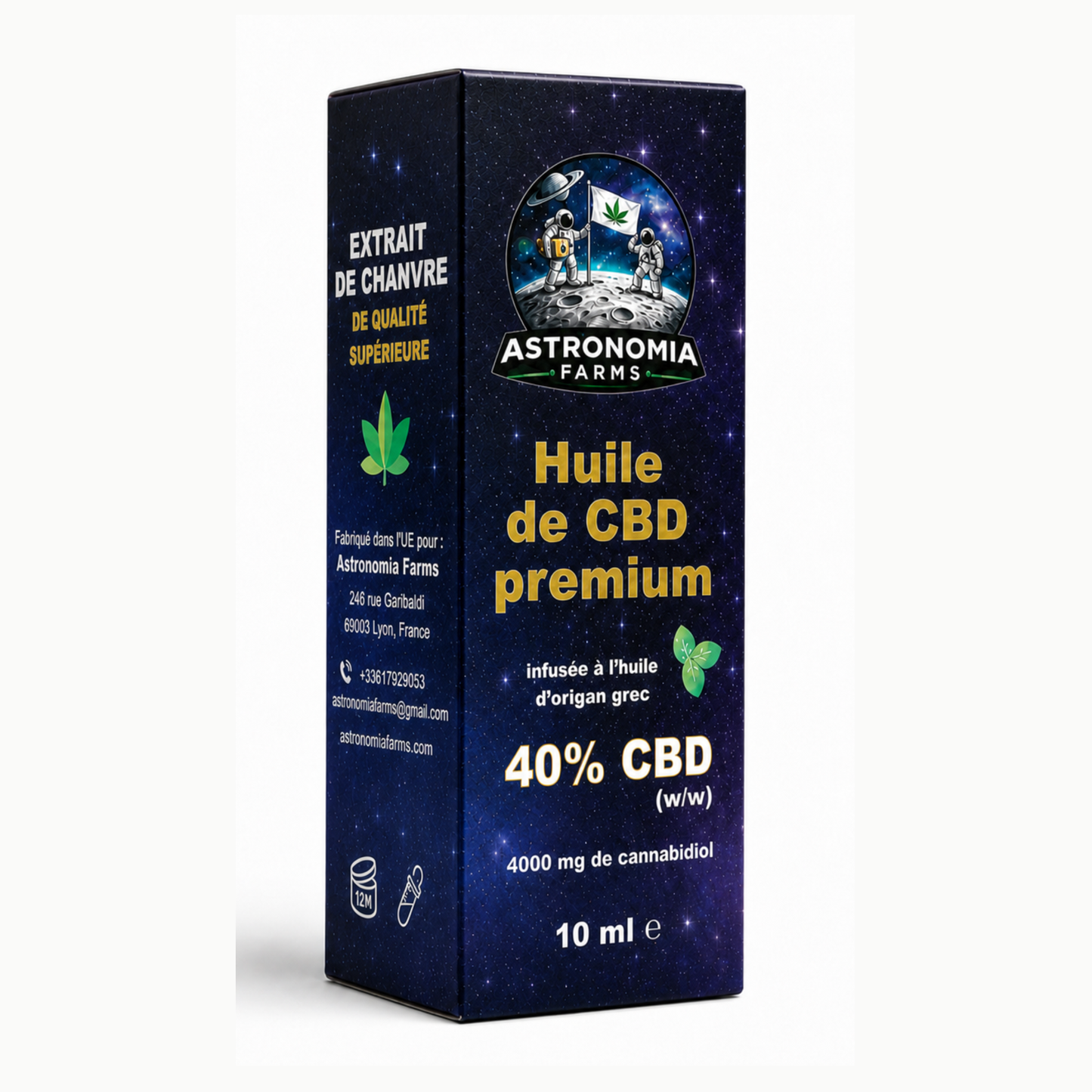 Huile de cannabis Astronomia Farms Full Spectrum - 40 % de CBD avec pipérine, série Pyr, 10 ml